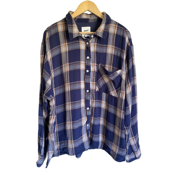 AERIE XXL BLue White Plaid Button Up Collared Shirt Oversized Brushed Cotton - Picture 1 of 8